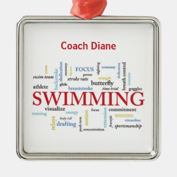 Personalize  Swimming Coach Thank You In Words Metal Ornament by sandrarosecreations at Zazzle