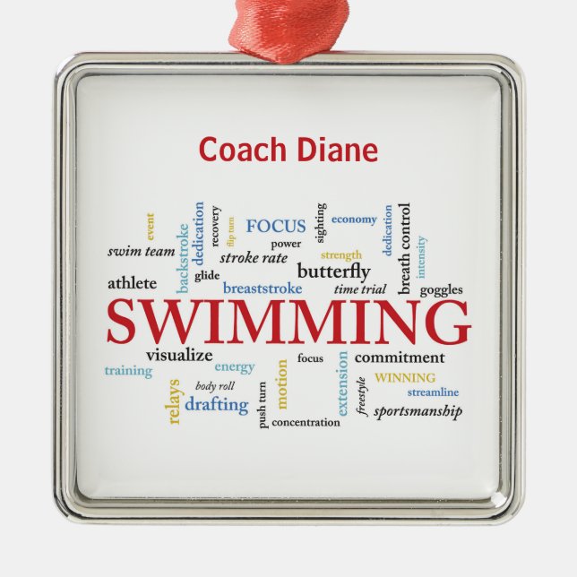 Personalize, Swimming Coach Thank You In Words Metal Ornament (Front)