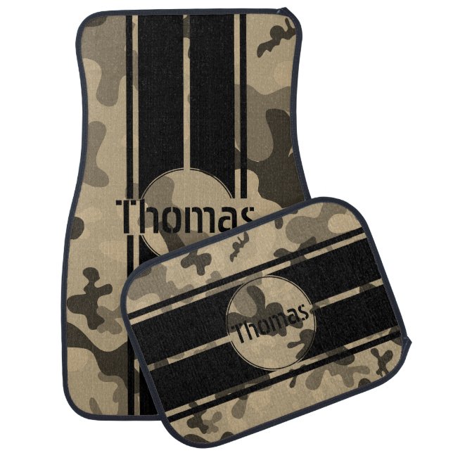 Personalize Tan Brown Camo Black Racing Stripes Car Mat (Set)