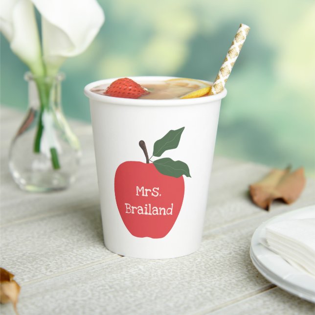 Personalize teacher gift red apple custom name paper cups (Insitu)
