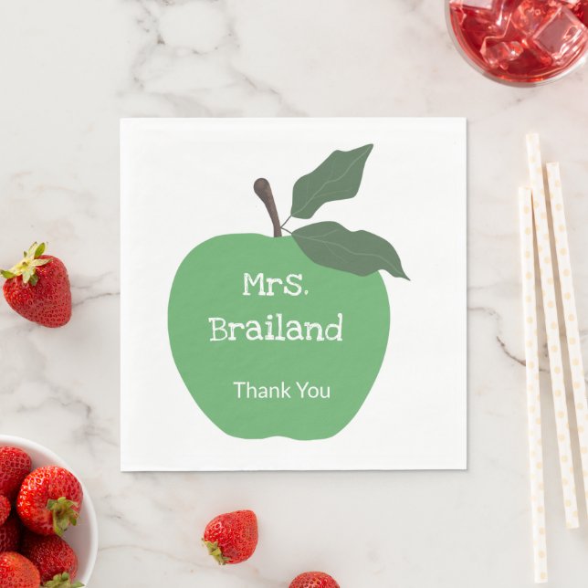Personalize teacher name custom green apple napkins (Insitu)