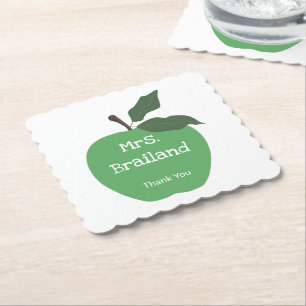 Personalize teacher name custom green apple paper coaster