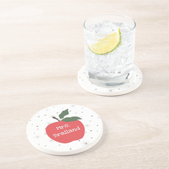 Personalize teacher name custom red apple   coaster (Side)