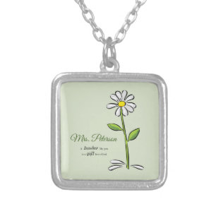 Personalize, Teacher Thank You, Religious Flower Silver Plated Necklace