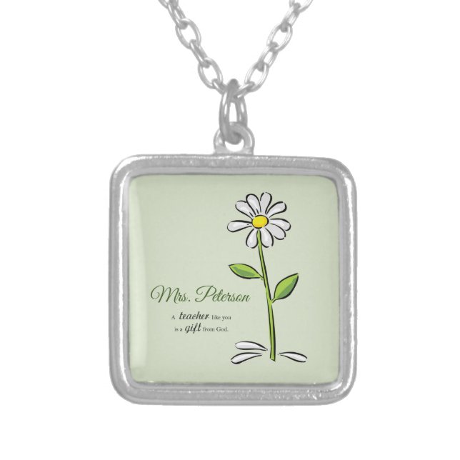 Personalize, Teacher Thank You, Religious Flower Silver Plated Necklace (Front)