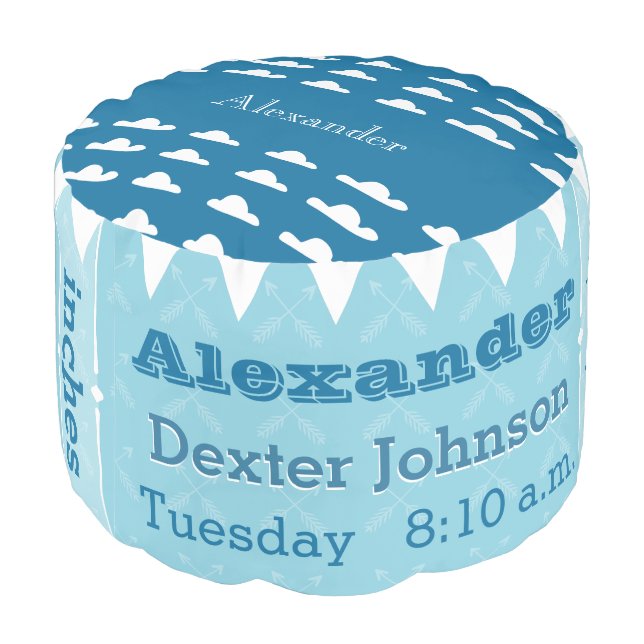 Personalize Teal blue Birth Record Cloud pouf (Angled Back)