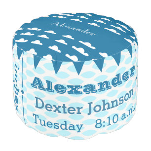 Personalize Teal blue Birth Record Cloud pouf