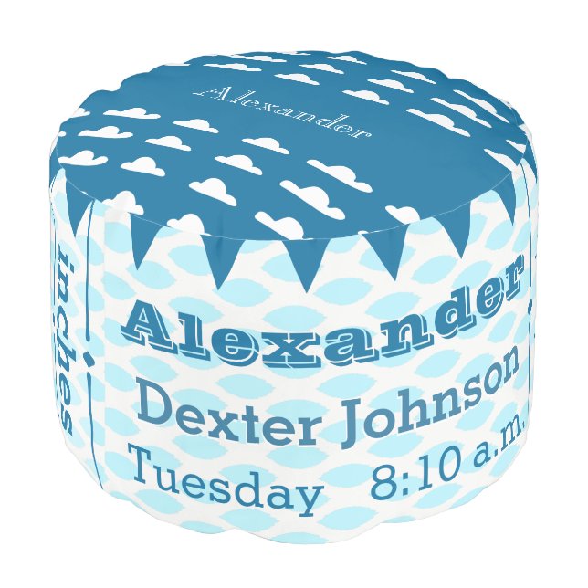 Personalize Teal blue Birth Record Cloud pouf (Angled Back)