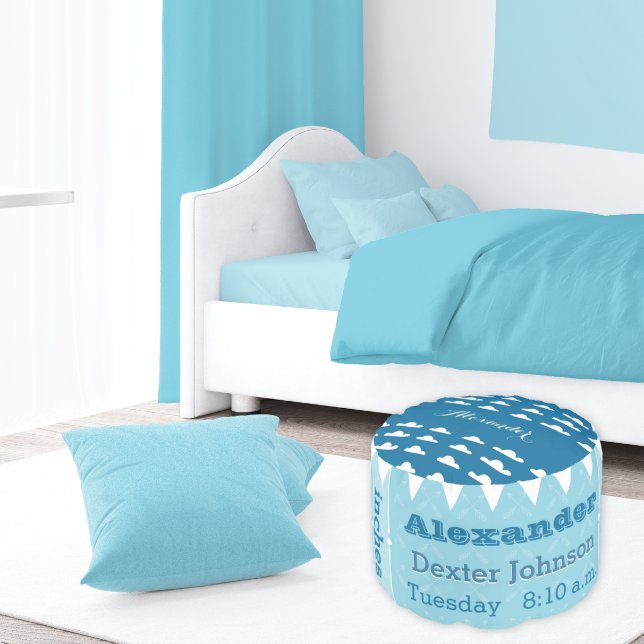 Personalize Teal blue Birth Record Cloud pouf (Creator Uploaded)