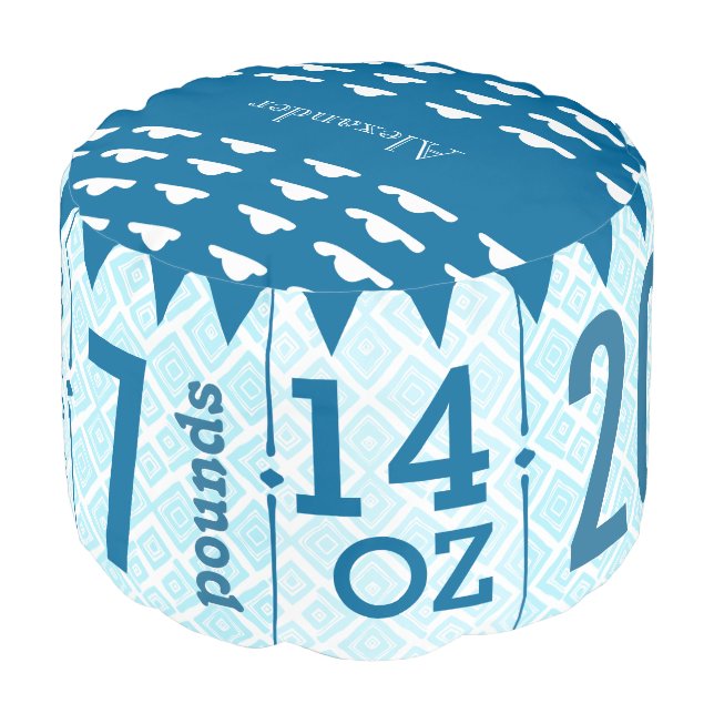 Personalize Teal blue Birth Record Cloud pouf (Angled Front)