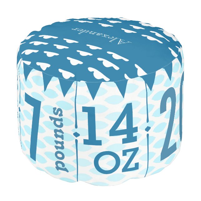 Personalize Teal blue Birth Record Cloud pouf (Angled Front)