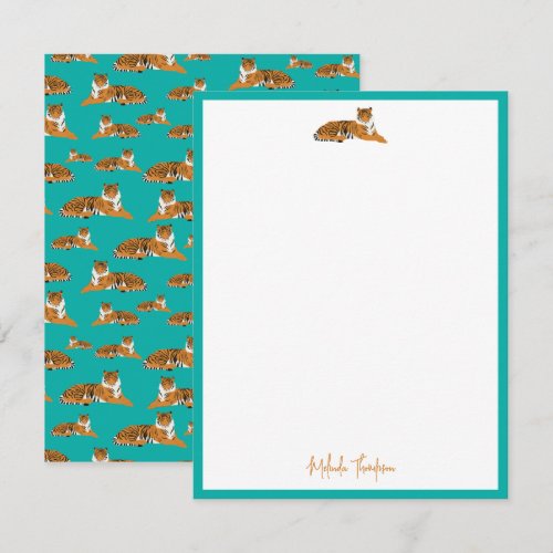 Personalize Teal Orange Jungle Tiger Script Note Card