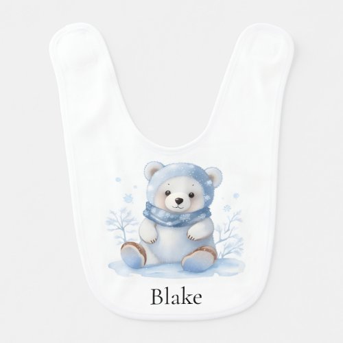Personalize Teddy Bear in Blue Hat Sitting Snow  Baby Bib