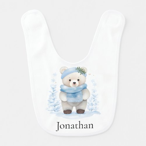 Personalize Teddy Bear in Blue Scarf Hat in Snow  Baby Bib