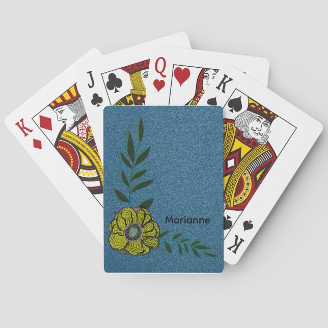 Personalize text, Blue background, Floral Poker Cards (Back)