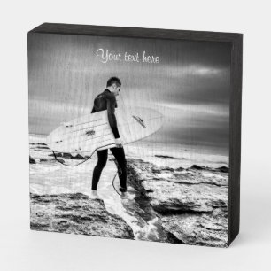 Personalize Text Surfer in B&W Wooden Box Sign