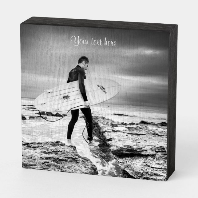 Personalize Text Surfer in B&W Wooden Box Sign (Angled Horizontal)