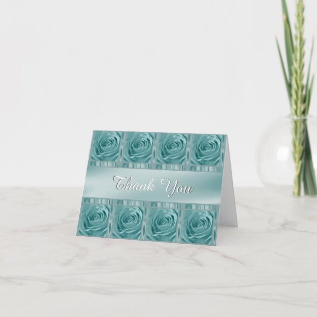 Personalize "Thank You" Aqua Rose Photo and Satin Thank You Card (Front)