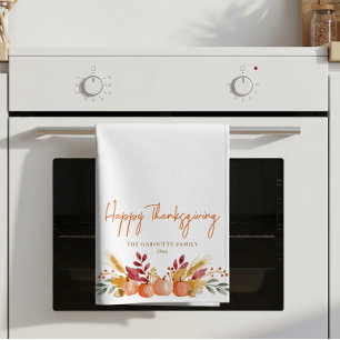 Personalize Thanksgiving Family Watercolor Pumpkin Kitchen Towel