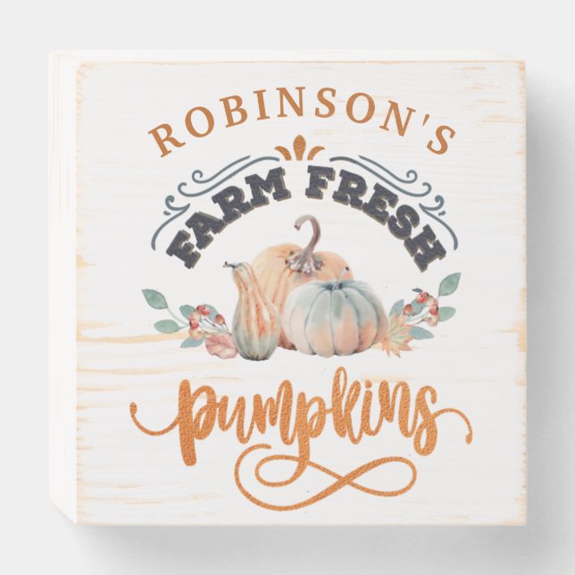 Personalize, Thanksgiving Farm Fresh Pumpkins Wooden Box Sign (Front Horizontal)