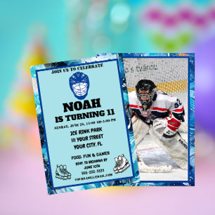 Personalize the hockey-themed kids' birthday invitation