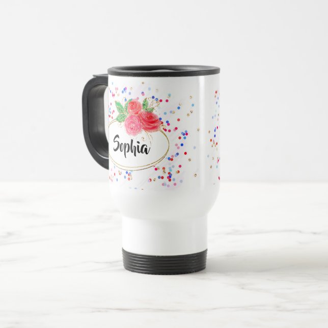 Personalize Thermal Tumb glitter rose, custom name Travel Mug (Front Left)
