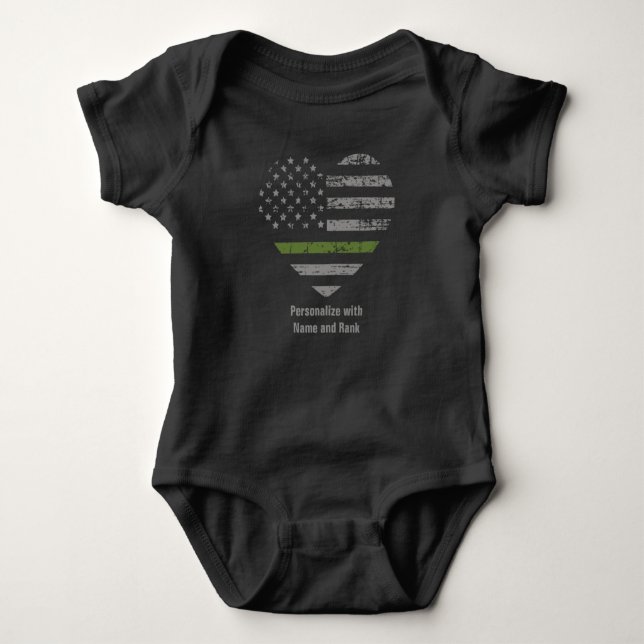 Personalize Thin Green Line Military Heart US Flag Baby Bodysuit (Front)