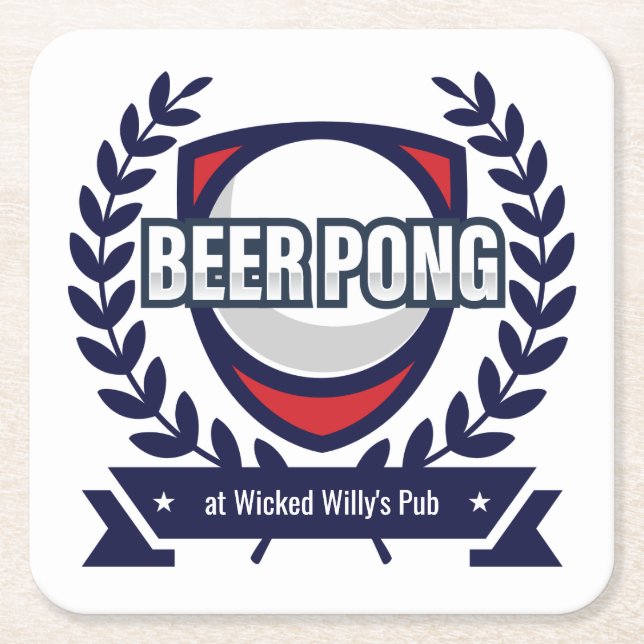 Personalize This Beer Pong Logo Square Paper Coaster (Front)