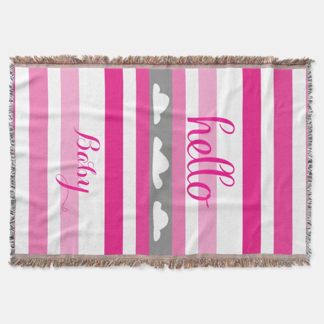 Personalize this Hello Cute Pink Gray and White Throw Blanket (Front)