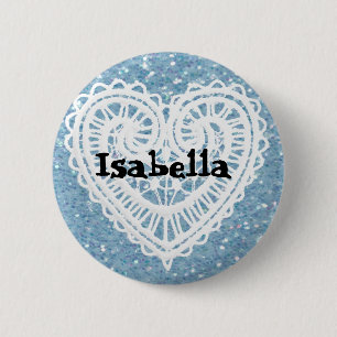 Personalize this pretty glittery blue Name Button
