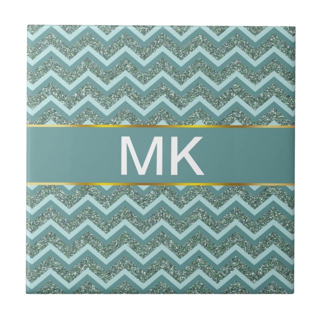 Personalize this Teal Glitter ZigZag Ceramic Tile (Front)