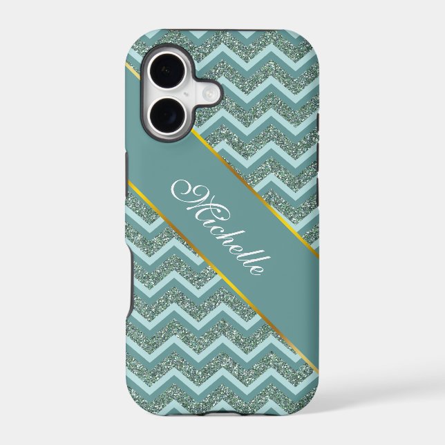 Personalize this Teal Glitter ZigZag Iphone Case (Back)