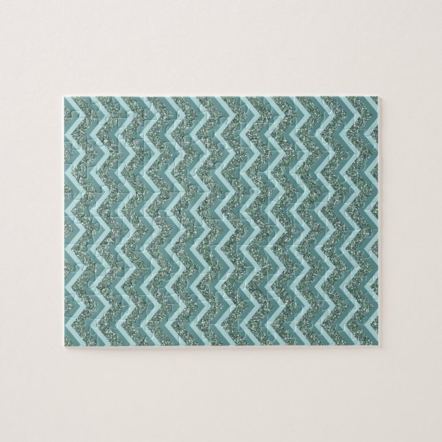 Personalize this Teal Glitter ZigZag Jigsaw Puzzle (Horizontal)