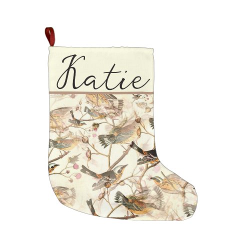 Personalize this Vintage Wild Birds Neutral Beige Large Christmas Stocking