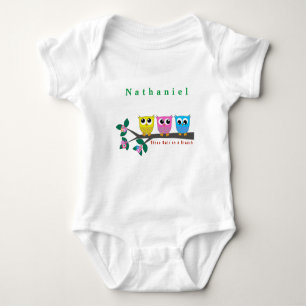Personalize Three Colorful Owls on a Branch Baby Bodysuit