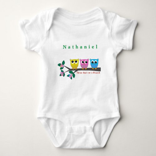 Personalize Three Colorful Owls on a Branch  Baby Bodysuit