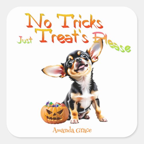 Personalize Trick Treat Halloween Chihuahua Puppy Square Sticker