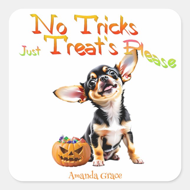 Personalize Trick Treat Halloween Chihuahua Puppy Square Sticker (Front)