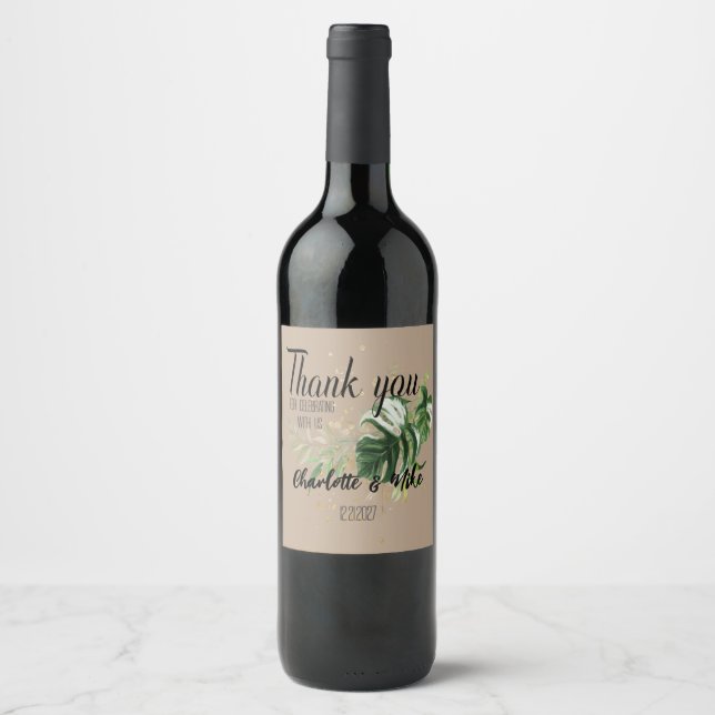 Personalize Tropical Leaf Wedding Thank you Favors Wine Label (Front)