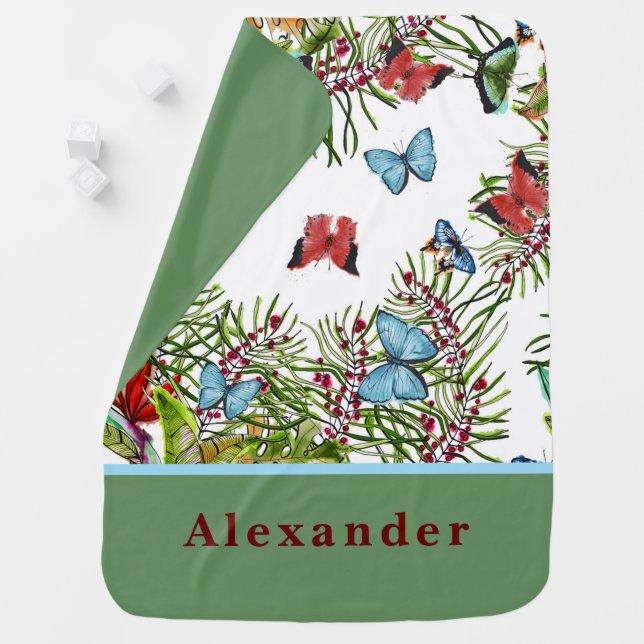 Personalize Tropical Plants Butterflies Red Blue Baby Blanket (In Situ)