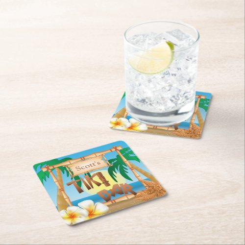 Personalize Tropical Tiki Bar Square Paper Coaster