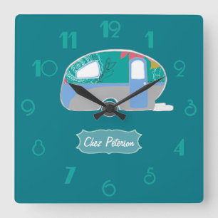 Personalize Turquoise Retro Vintage Caravan Design Square Wall Clock