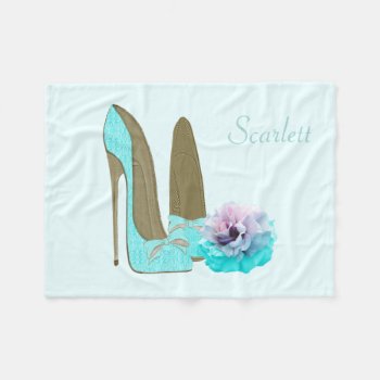 Personalize Turquoise Shoe & Rose Fleece Blanket by shoe_art at Zazzle