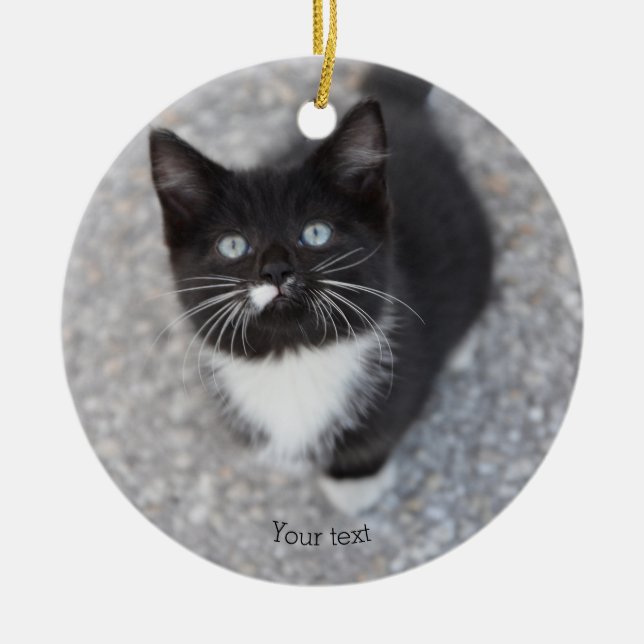 Personalize Tuxedo black and white kitten Ceramic Ornament (Front)