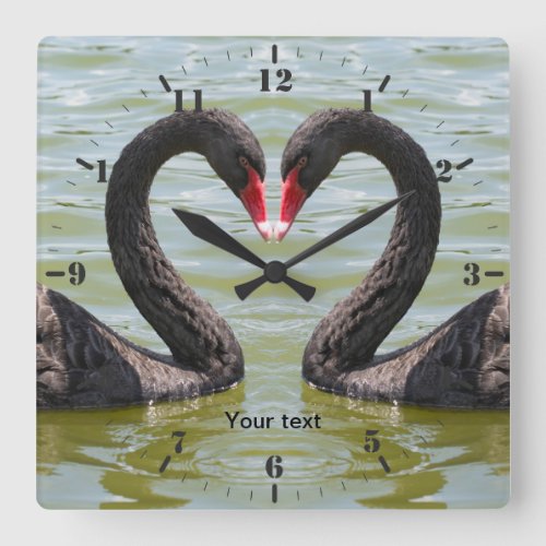 Personalize Two Black Swans birds in heart shape Square Wall Clock