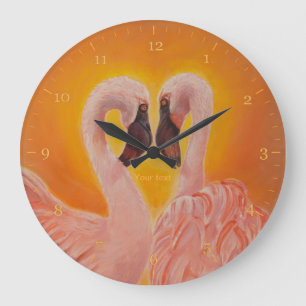 Personalize Two Flamingos Love heart Dance Large Clock