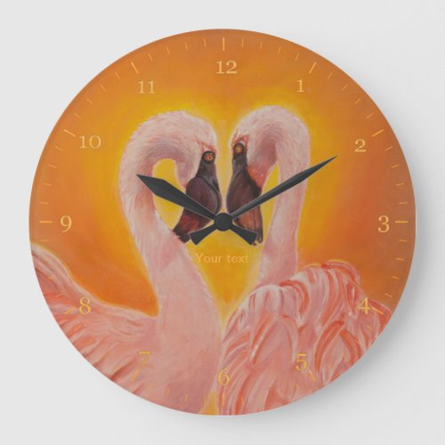 Personalize Two Flamingos Love  heart Dance Large Clock