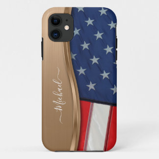 Personalize USA Flag Faux Bronze Metal Swirl iPhone 11 Case