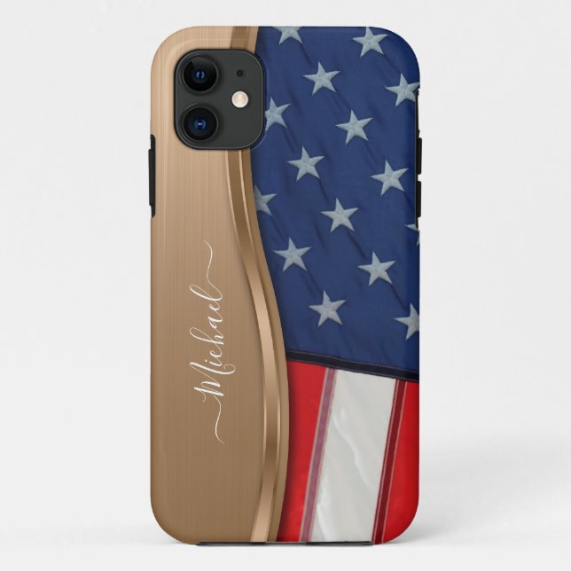 Personalize USA Flag Faux Bronze Metal Swirl Case-Mate iPhone Case (Back)