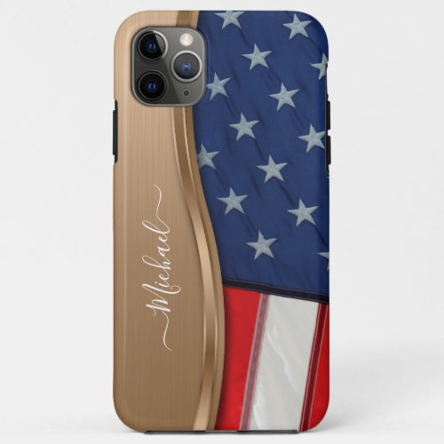 Personalize USA Flag Faux Bronze Metal Swirl iPhone 11 Pro Max Case